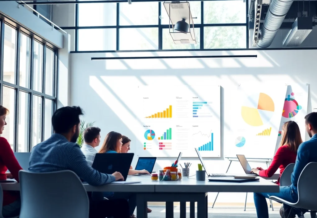Boost your SEO with a team brainstorming digital strategies in a bright office.
