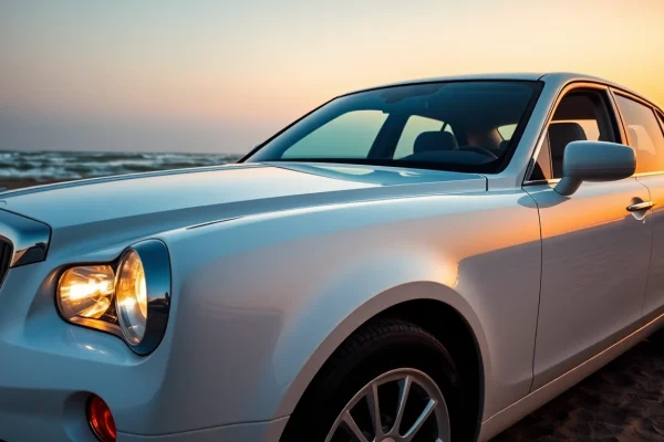 Réservez votre location voiture Agadir avec une voiture stationnée sur la plage au coucher du soleil.
