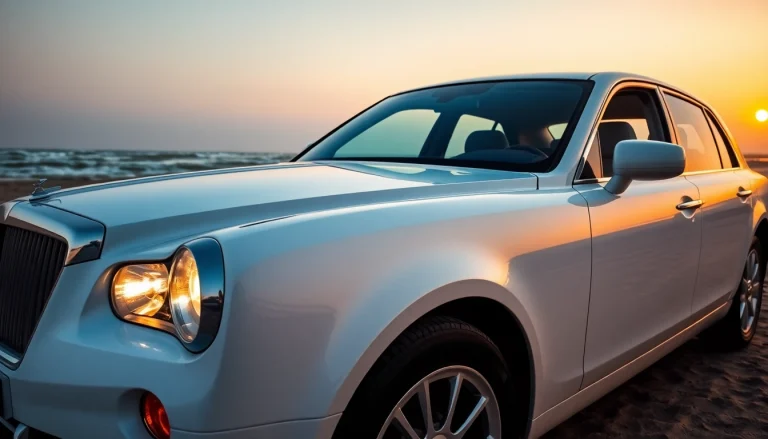 Réservez votre location voiture Agadir avec une voiture stationnée sur la plage au coucher du soleil.
