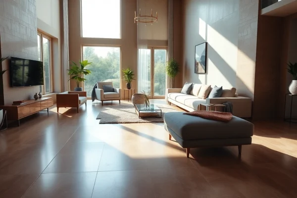 Carrelage dans un salon moderne aux tons chauds.