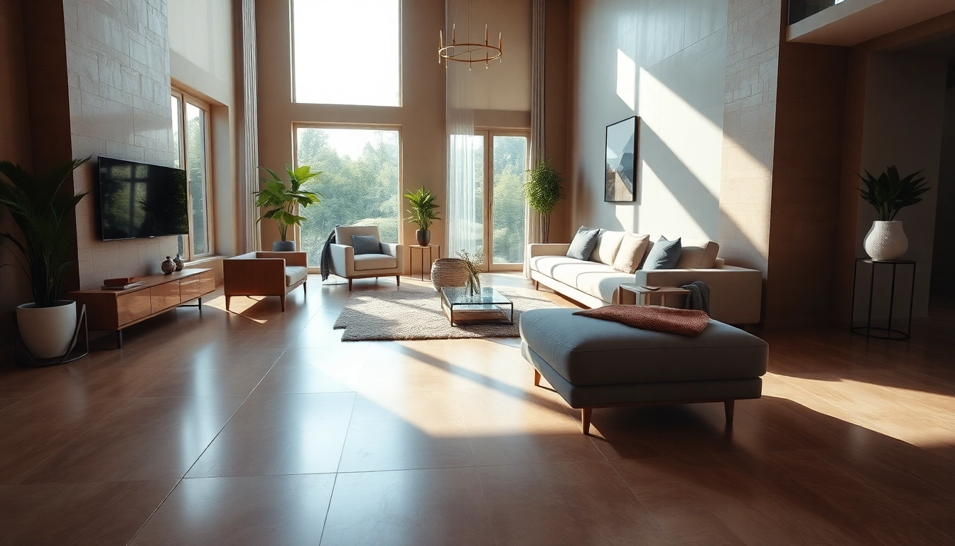 Carrelage dans un salon moderne aux tons chauds.