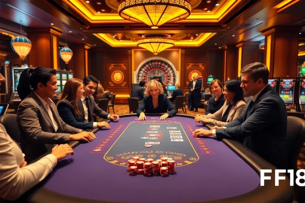 F168 casino scene showcasing vibrant poker action and thrilling roulette games.