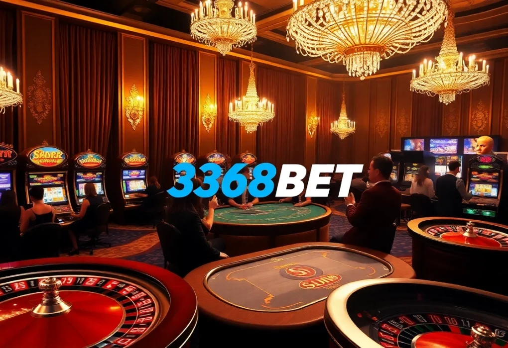 Excitement at the 368BET casino with players at a poker table and vibrant slot machines.