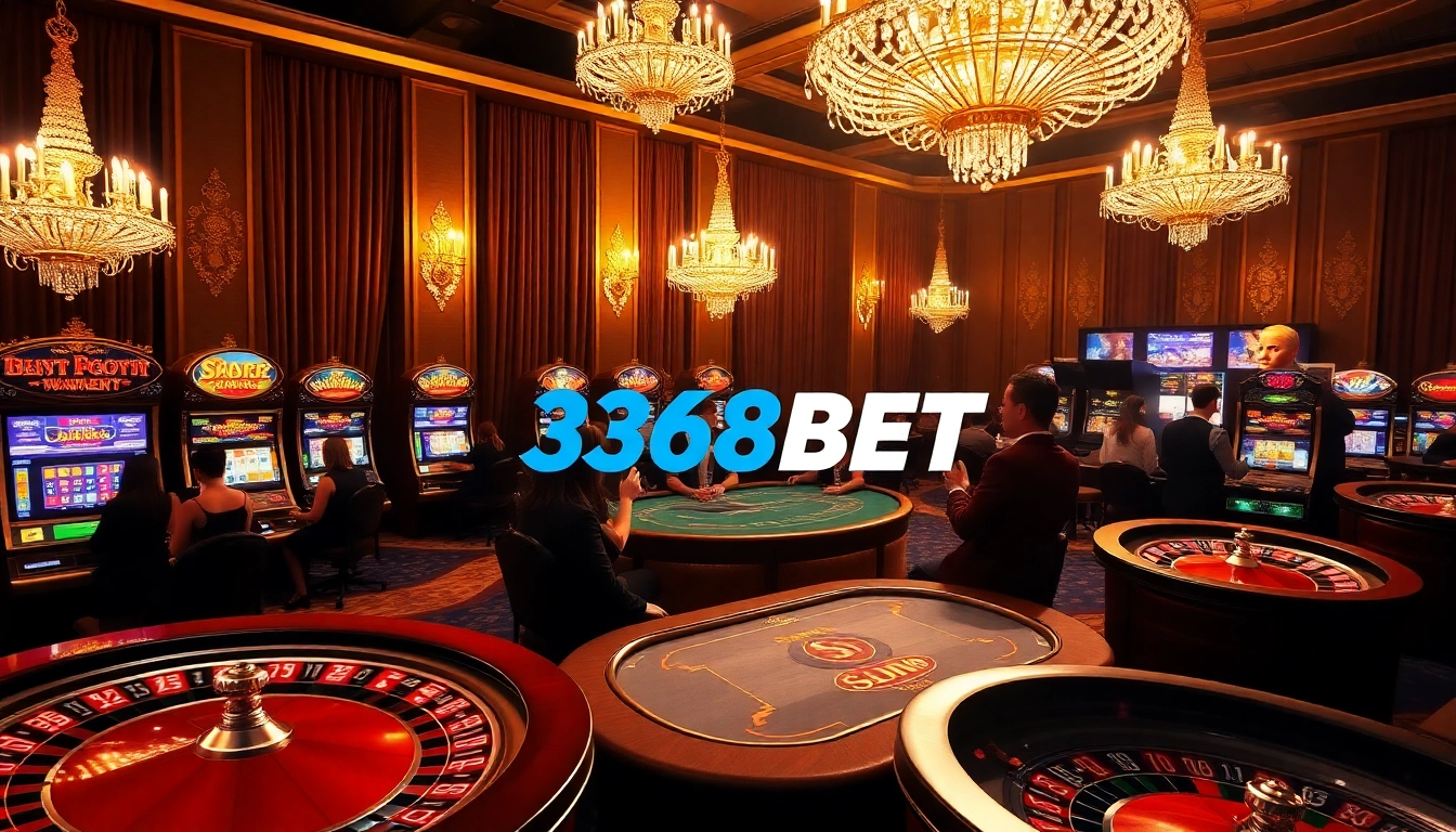 Excitement at the 368BET casino with players at a poker table and vibrant slot machines.