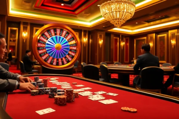 Experience high-stakes excitement as CWIN players engage at a luxurious poker table in a casino.
