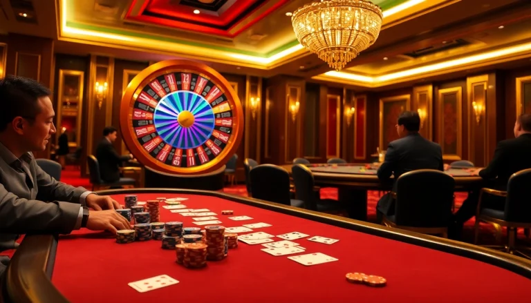 Experience high-stakes excitement as CWIN players engage at a luxurious poker table in a casino.