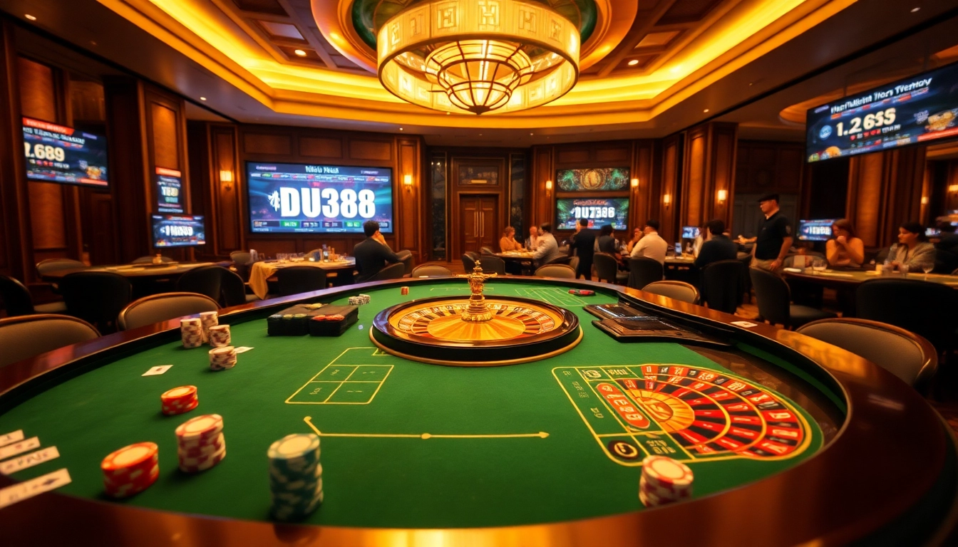 Experience the thrill of gambling at DU388, featuring a luxurious casino table with vibrant poker chips.