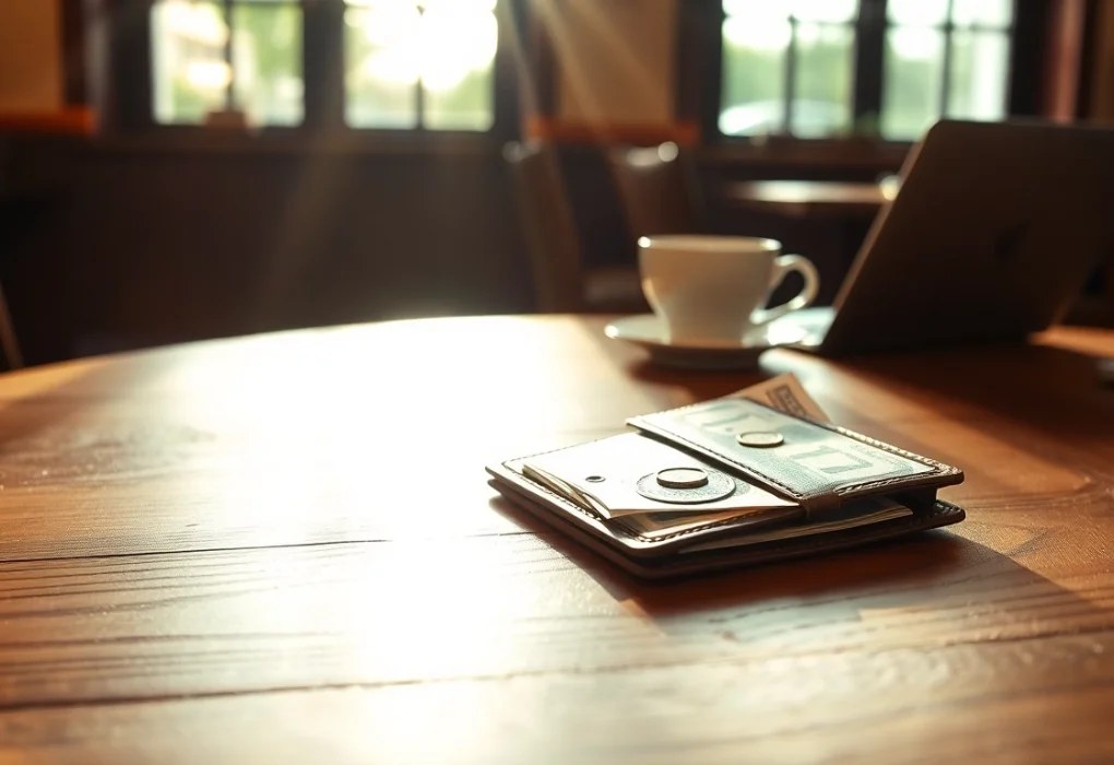 Avoir de l'argent dans un portefeuille ouvert sur une table avec une tasse de café à proximité.