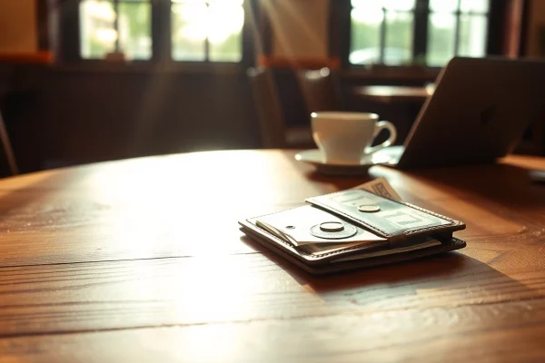 Avoir de l'argent dans un portefeuille ouvert sur une table avec une tasse de café à proximité.