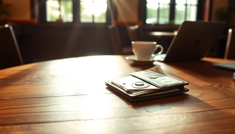 Avoir de l'argent dans un portefeuille ouvert sur une table avec une tasse de café à proximité.