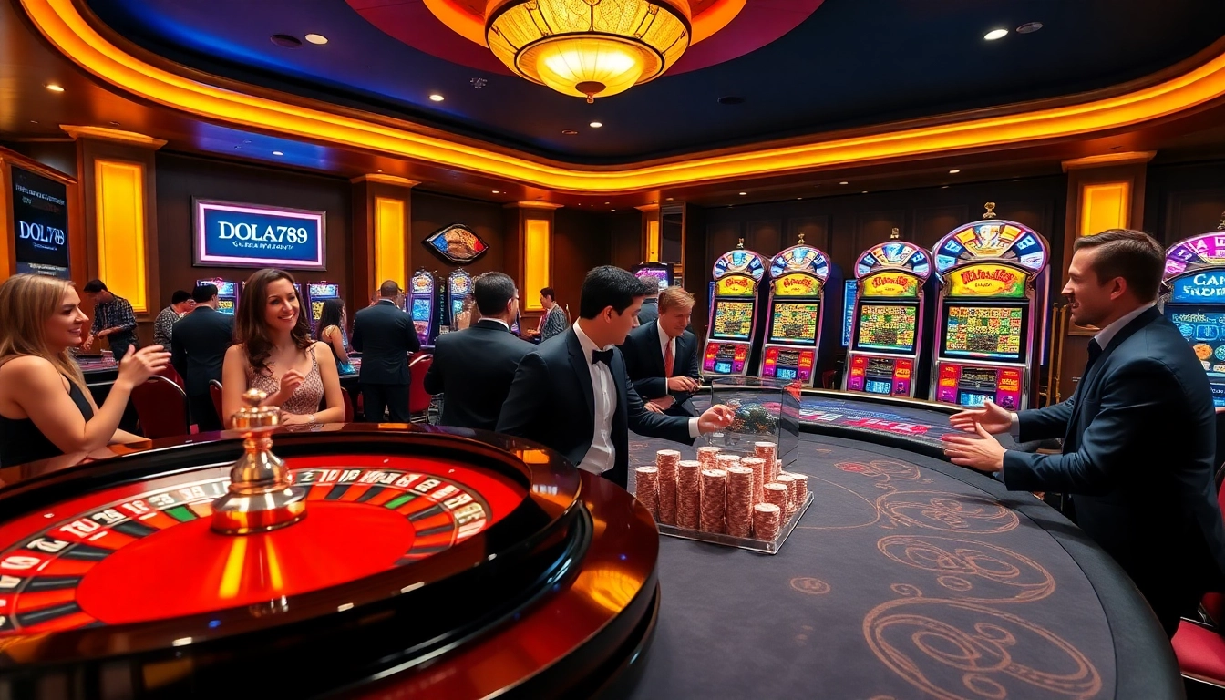 DOLA789 players placing bets at an exciting casino table with vibrant roulette and poker elements.