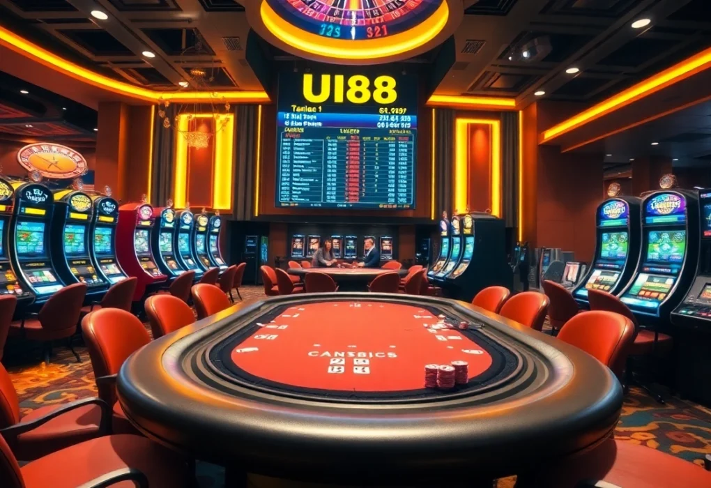 UU88 poker players strategizing at a vibrant casino table, surrounded by slot machines.