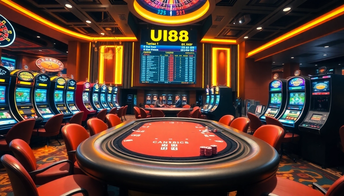 UU88 poker players strategizing at a vibrant casino table, surrounded by slot machines.