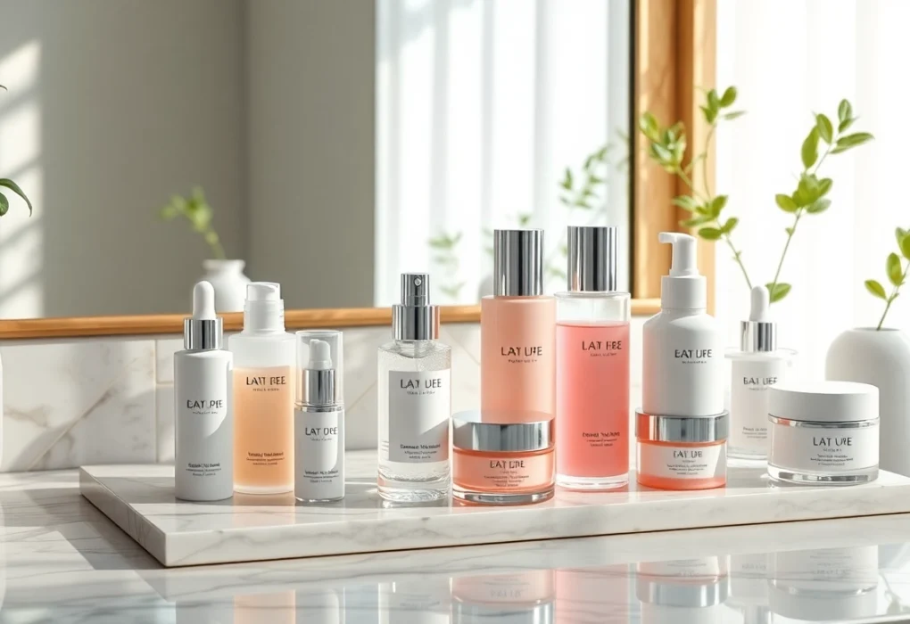 Lyxiga K-beauty hudvårdsprodukter på en marmorbänk, med elegant förpackning och naturligt ljus.