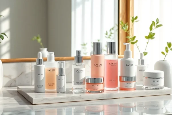 Lyxiga K-beauty hudvårdsprodukter på en marmorbänk, med elegant förpackning och naturligt ljus.