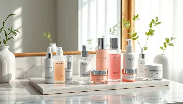 Lyxiga K-beauty hudvårdsprodukter på en marmorbänk, med elegant förpackning och naturligt ljus.