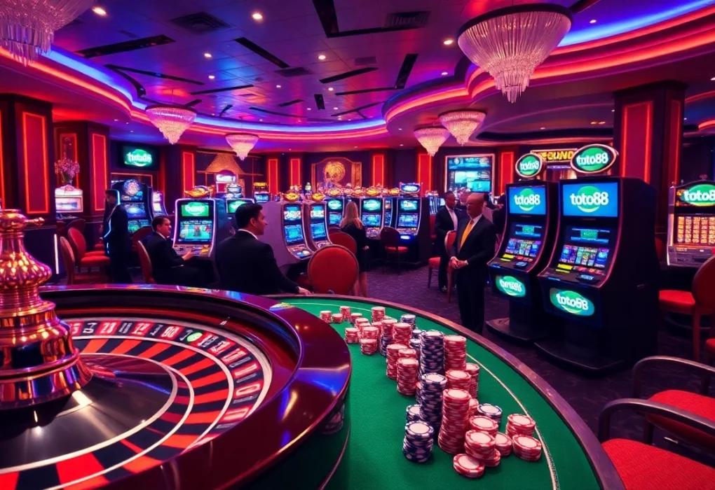 Toto88 players enjoying a vibrant casino experience with roulette and poker chips.