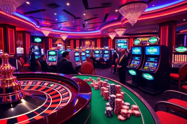 Toto88 players enjoying a vibrant casino experience with roulette and poker chips.