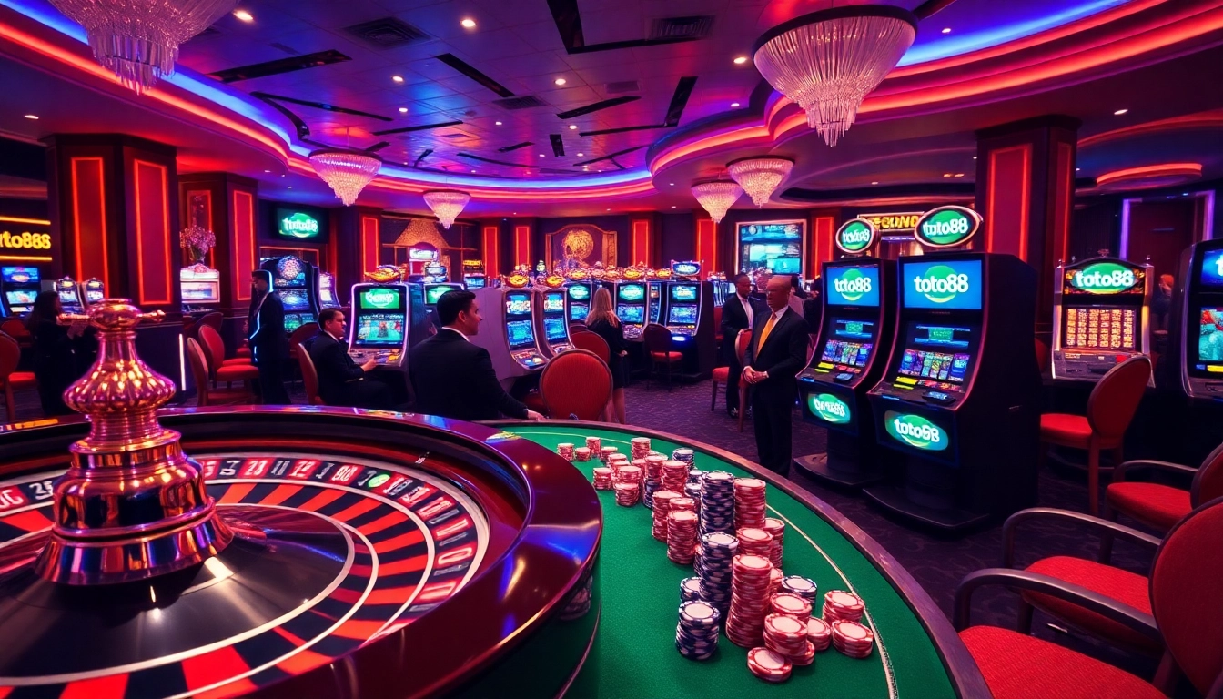 Toto88 players enjoying a vibrant casino experience with roulette and poker chips.