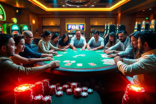 Players enjoy a thrilling game at F8Bet's luxury poker table, surrounded by glowing chips and slot machines.