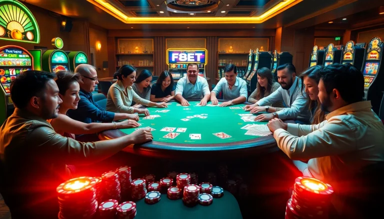 Players enjoy a thrilling game at F8Bet's luxury poker table, surrounded by glowing chips and slot machines.