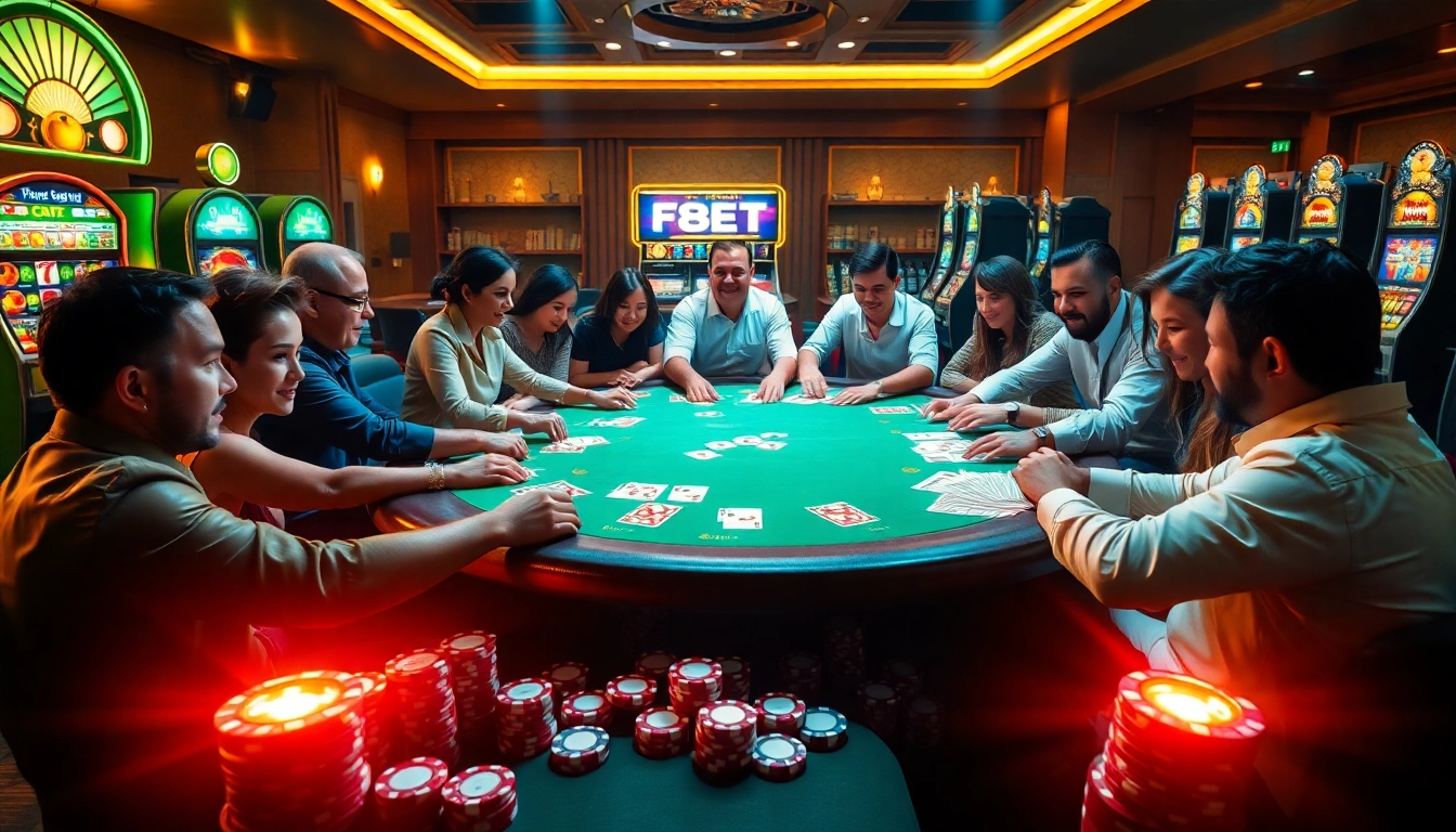 Players enjoy a thrilling game at F8Bet's luxury poker table, surrounded by glowing chips and slot machines.