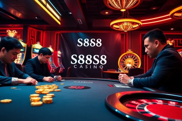 Experience high-stakes poker excitement at S8S8 Casino with golden chips and vibrant slot machines.