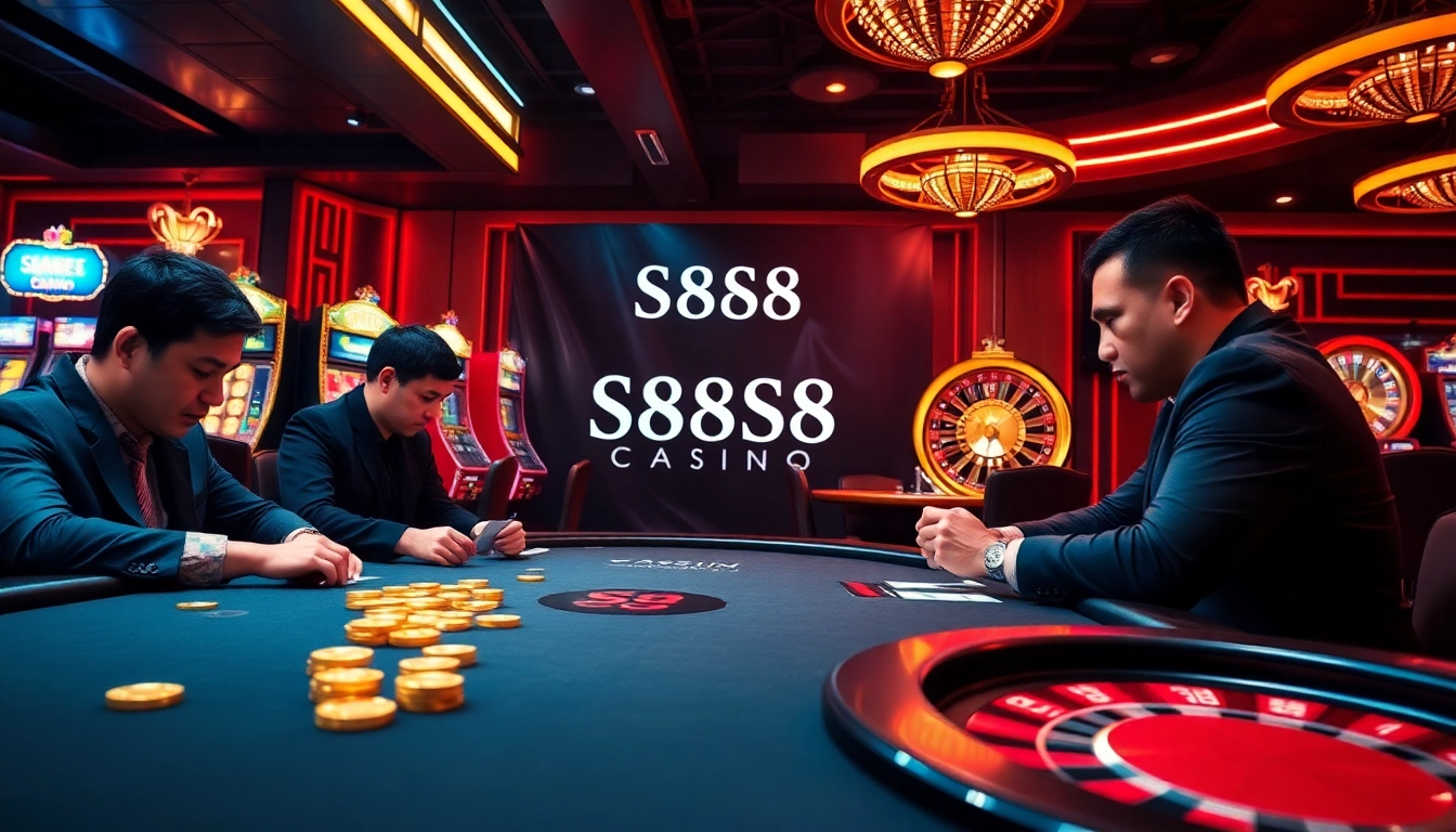 Experience high-stakes poker excitement at S8S8 Casino with golden chips and vibrant slot machines.