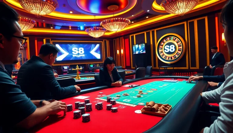 S8 gamers enjoying a high-stakes poker game at a luxurious casino table.