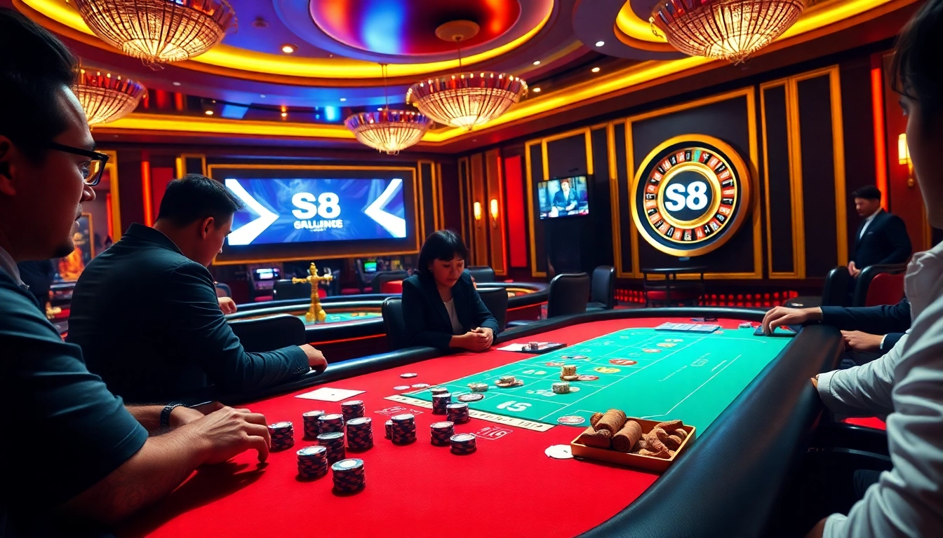 S8 gamers enjoying a high-stakes poker game at a luxurious casino table.