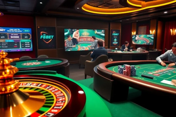 F8bet Đăng nhập experience at a luxurious casino table featuring roulette and poker.