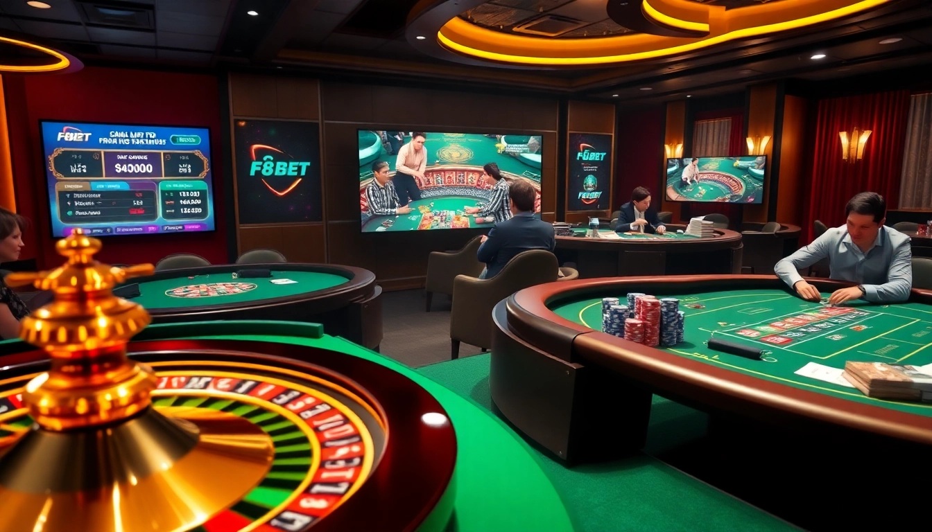 F8bet Đăng nhập experience at a luxurious casino table featuring roulette and poker.