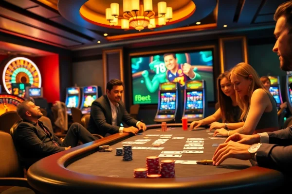 Players enjoy a lively poker game at f8bet's elegant casino table, showcasing excitement and strategy.