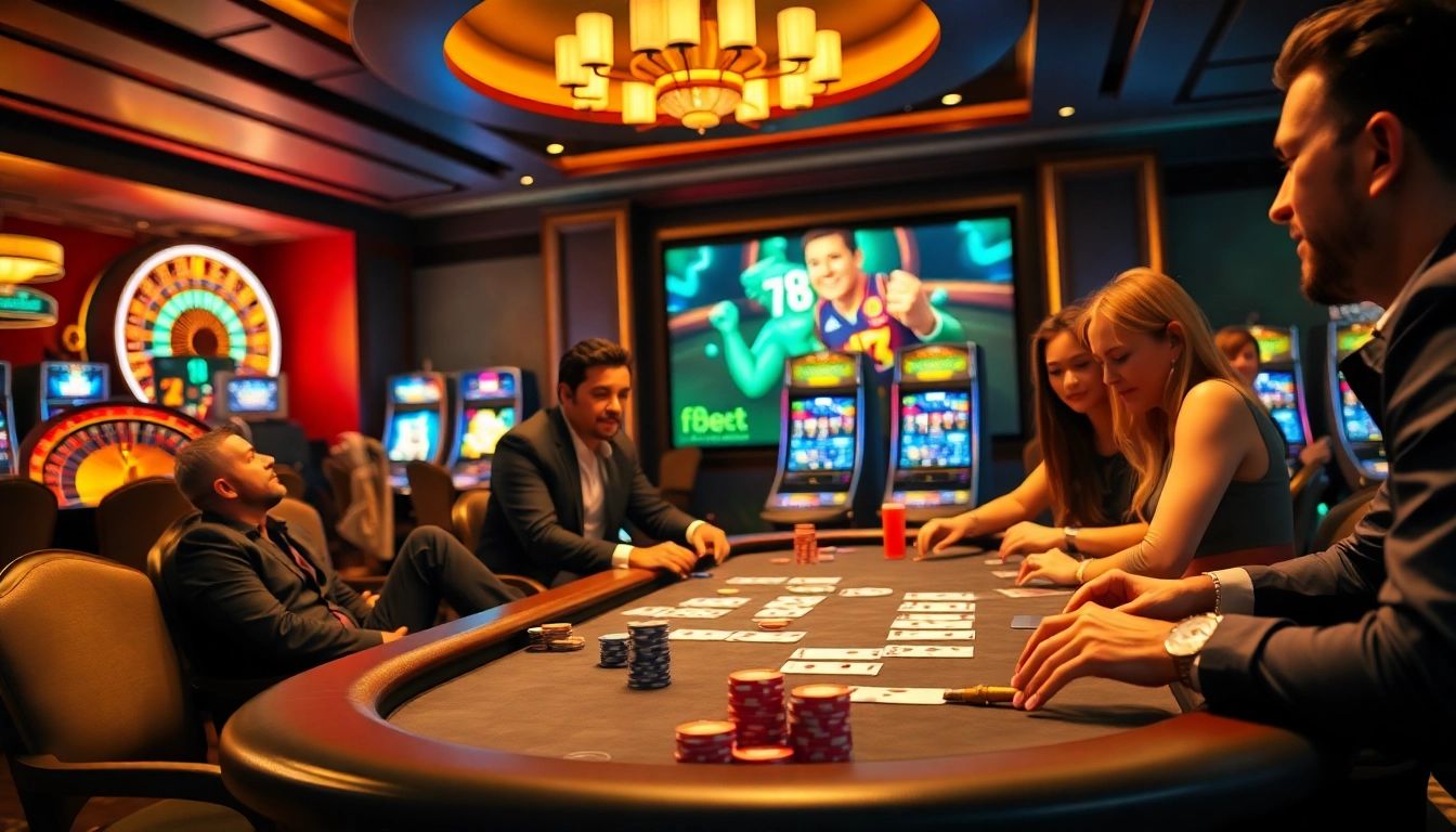 Players enjoy a lively poker game at f8bet's elegant casino table, showcasing excitement and strategy.