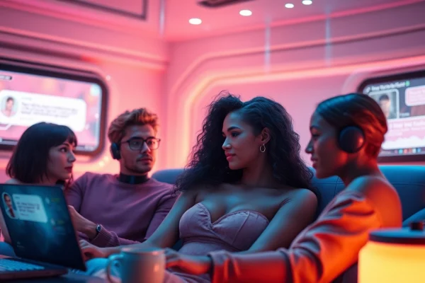 Engaging sex AI chat scene with diverse digital characters in a cozy virtual room.