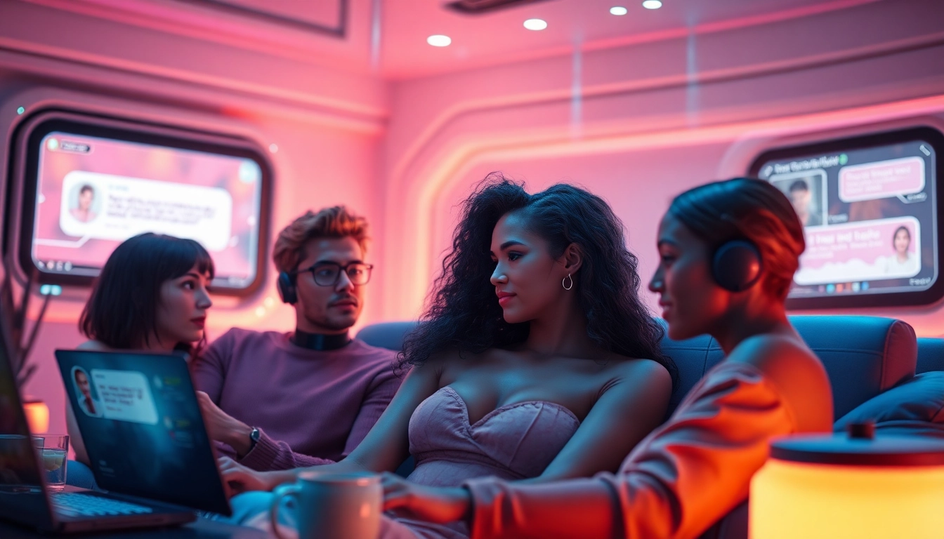 Engaging sex AI chat scene with diverse digital characters in a cozy virtual room.