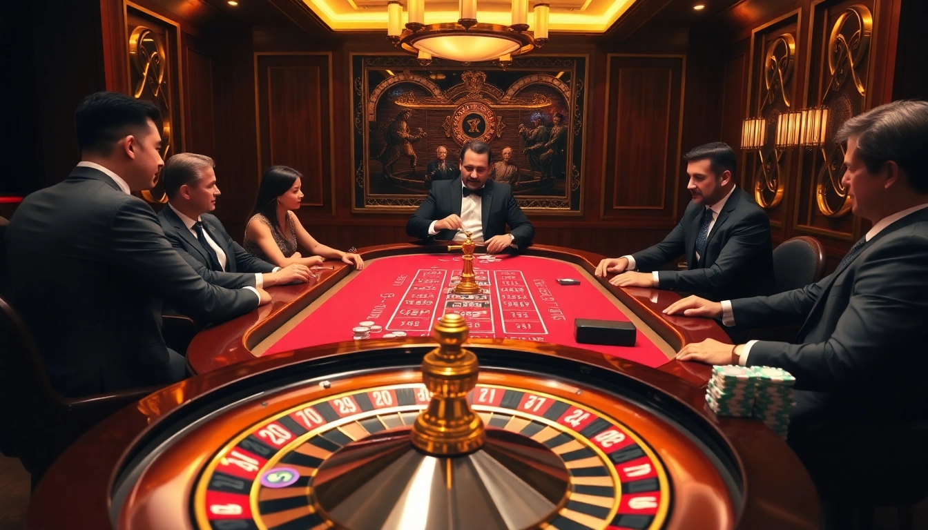 GACAM888 engaging players at a luxury poker table surrounded by vibrant slots and roulette.