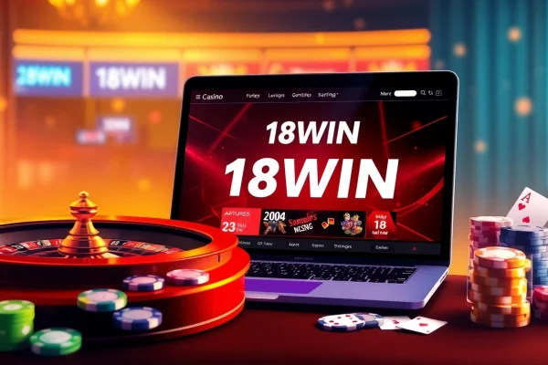 18WIN gaming experience featuring vibrant casino elements like roulette and poker chips.