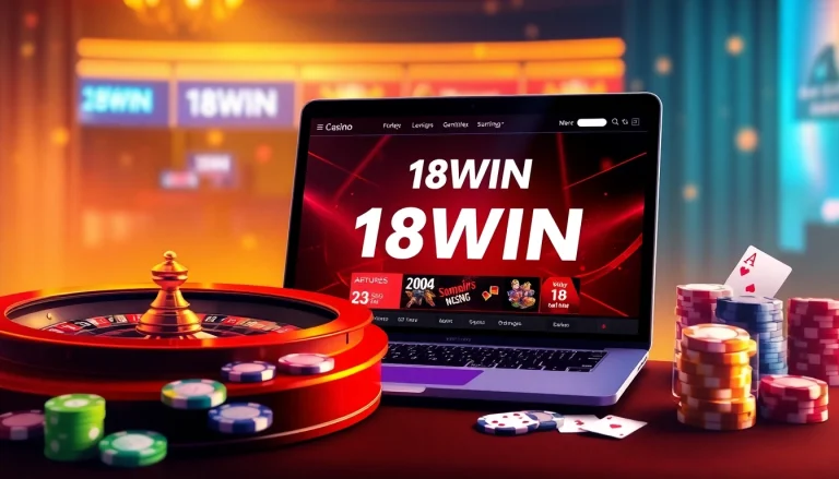 18WIN gaming experience featuring vibrant casino elements like roulette and poker chips.