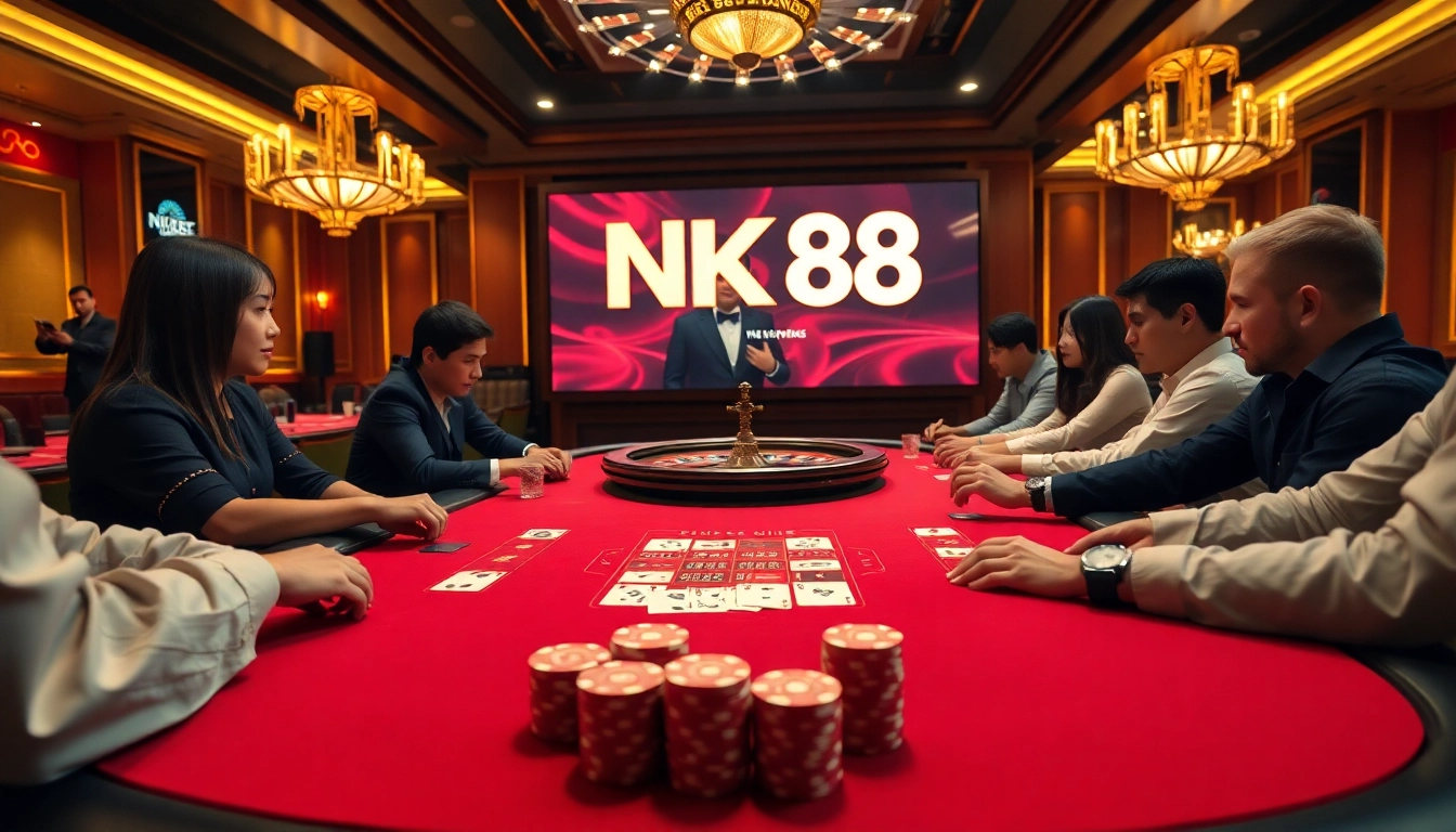 Players enjoying a thrilling poker game at the NK88 casino table, showcasing excitement and professional gambling atmosphere.