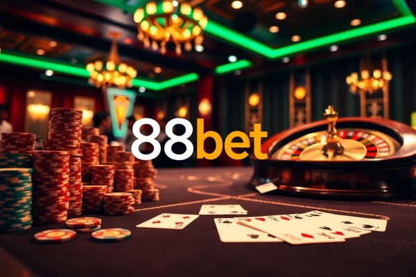 Exciting casino scene featuring 88bet poker chips and a winning hand.