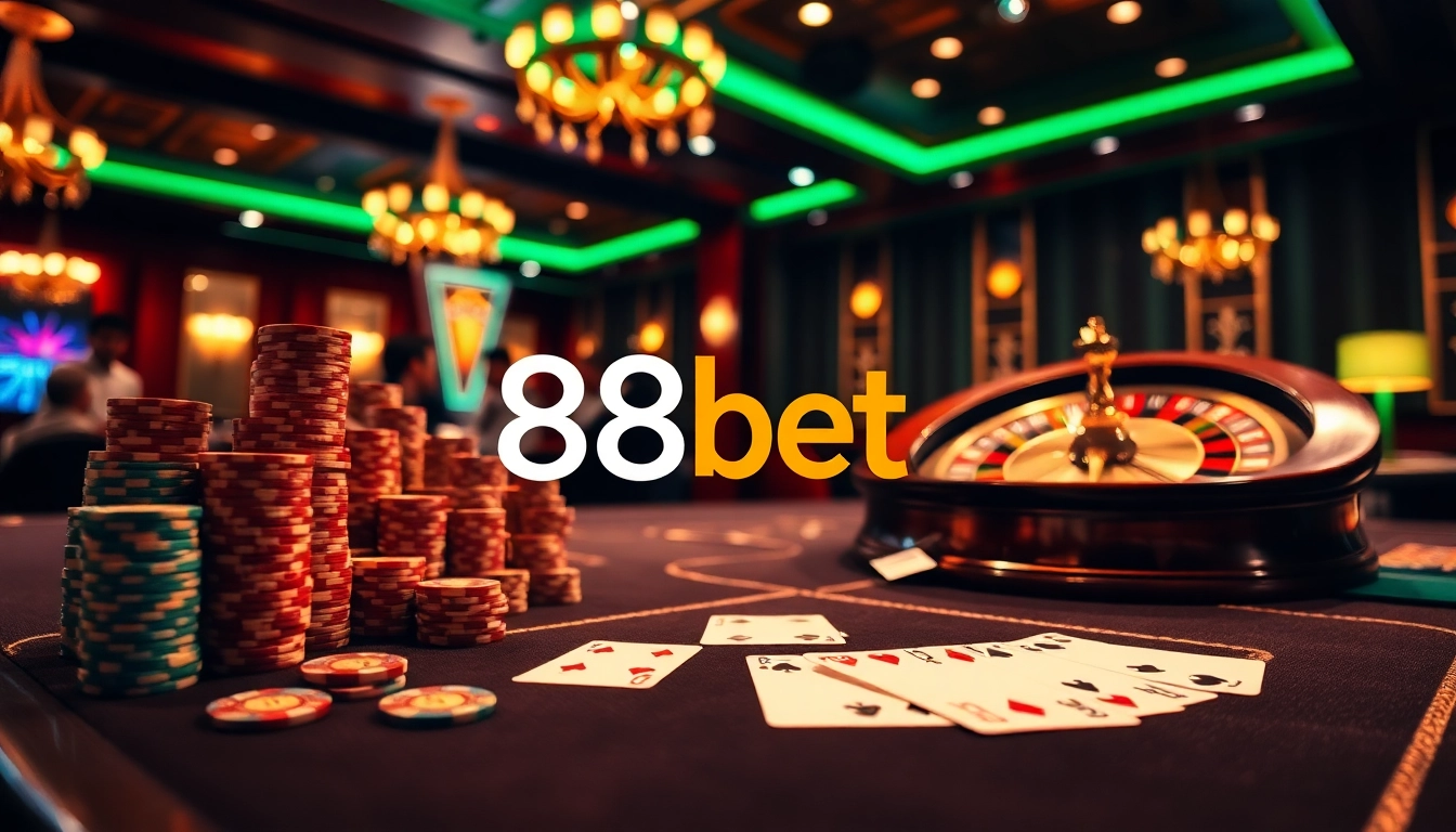 Exciting casino scene featuring 88bet poker chips and a winning hand.