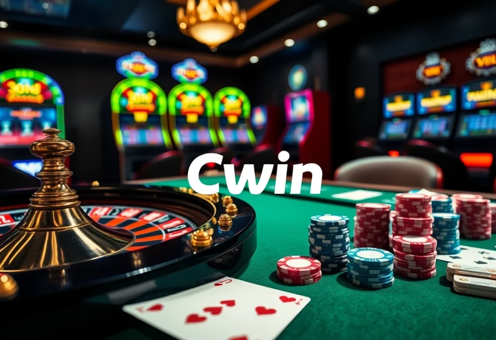 Cwin enthusiasts engaging in a thrilling casino game with vibrant chips and cards.