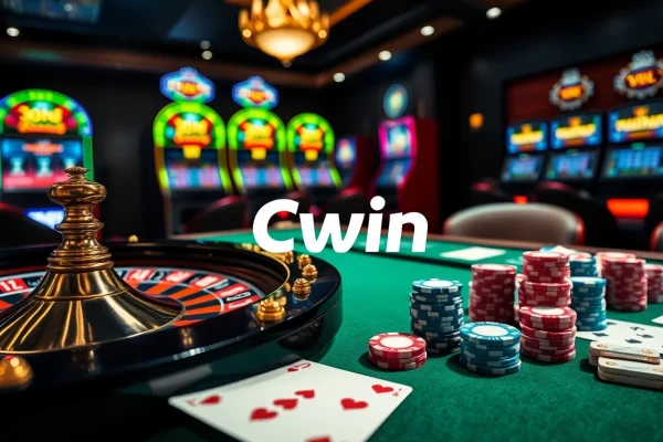 Cwin enthusiasts engaging in a thrilling casino game with vibrant chips and cards.