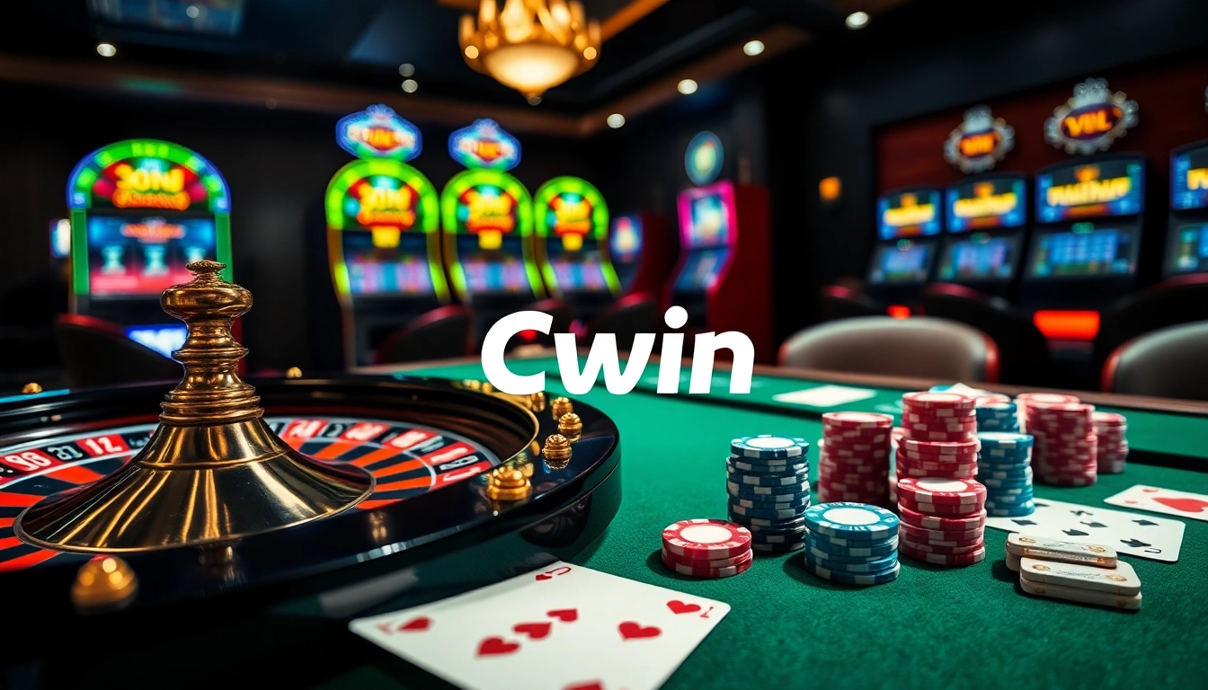 Cwin enthusiasts engaging in a thrilling casino game with vibrant chips and cards.