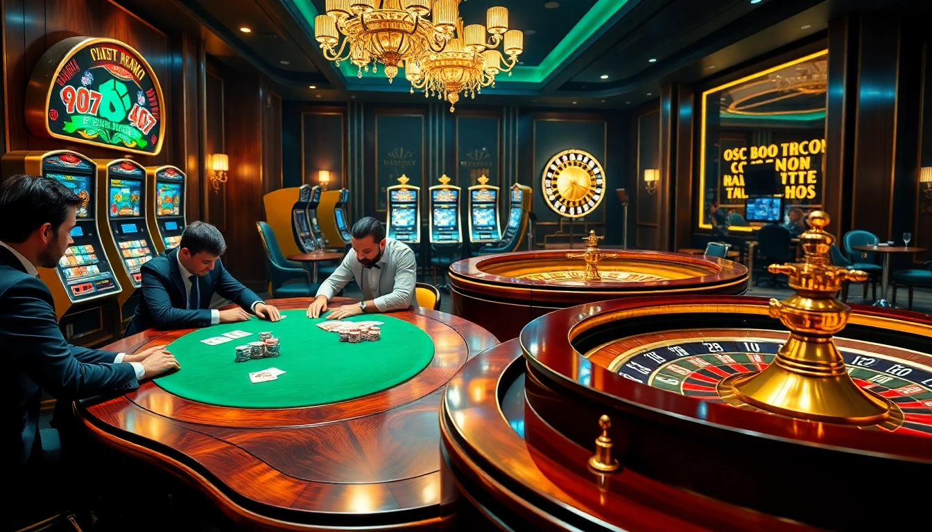 Exciting gameplay in crypto casinos with vibrant slot machines, poker tables, and roulette wheels.