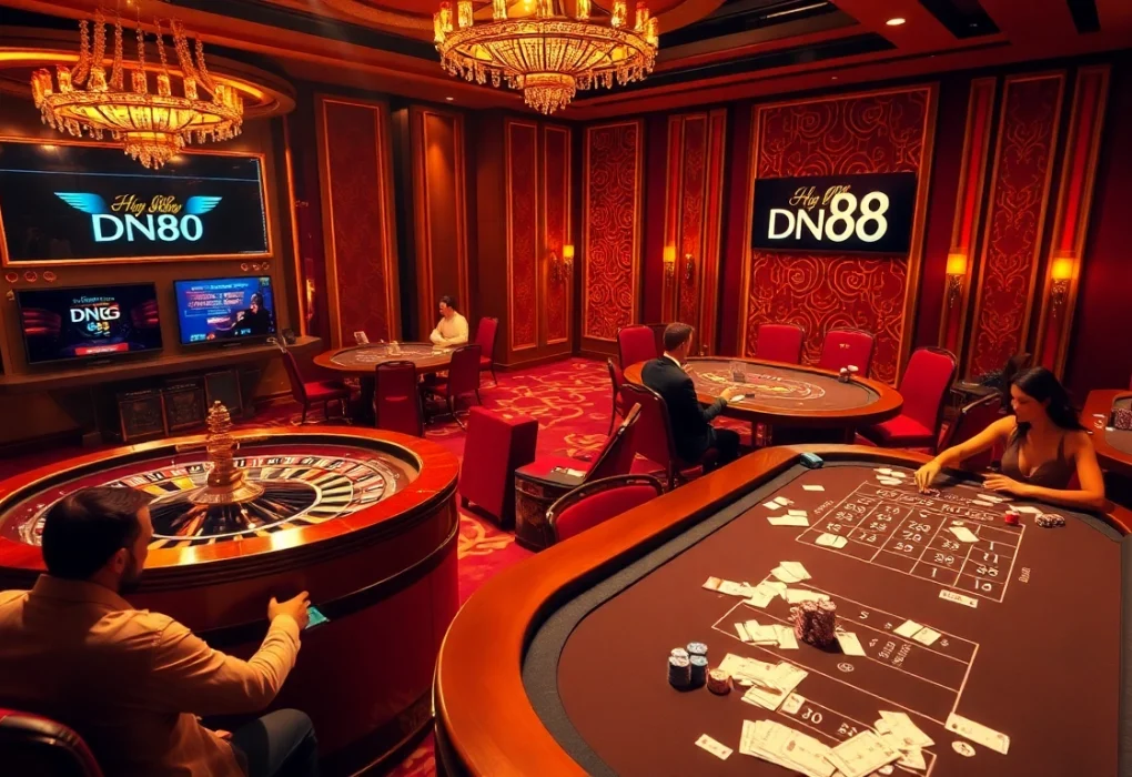Experience the excitement of DN88 with professional gamblers competing at elegant casino tables.