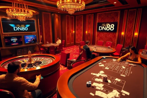 Experience the excitement of DN88 with professional gamblers competing at elegant casino tables.