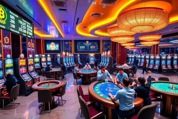 Experience the excitement of a crypto casino with vibrant games and joyful players celebrating wins.