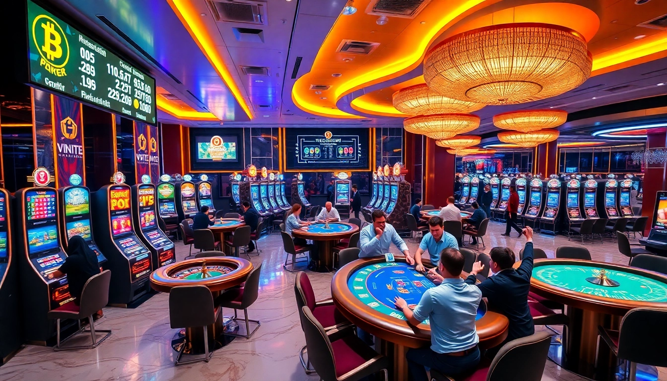 Experience the excitement of a crypto casino with vibrant games and joyful players celebrating wins.